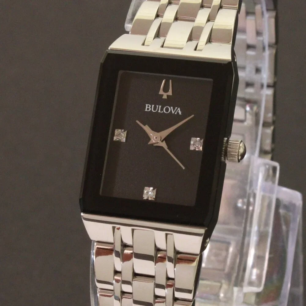 Bulova Ladies Quadra Watch Diamond Indices Black Dial Stainless 20mm